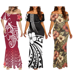 Robe longue sirène polynésienne à imprimé plumeria, épaules dénudées et manches lanternes, motif tribal, idéale pour les soirées – Nouvelle collection Samoan - Product Image 2