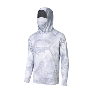 Men's Gray Animal Print Long Sleeve Hooded Fishing <b>Shirt</b> with <b>Face</b> Mask Quick Dry Anti-UV Pullover - Product Image 3