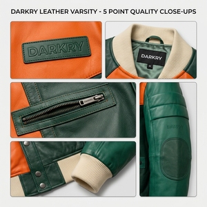เสื้อแจ็คเก็ตหนังแท้สีเขียวเข้มส้มสำหรับผู้ชาย แบบ Varsity  ตกแต่งสีตัดกัน  แบบ Bomber  ติดกระดุมหน้า  งานถักแบบ Rib Knit  เสื้อคลุมสไตล์ Urban  แบบสั่งทำพิเศษ - Product Image 6