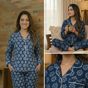 Conjunto de Pijama Térmico de Algodón Índigo Natural para Mujer, Estampado a Mano, Estilo Tradicional, para Primavera/Verano, Hecho en India - Product Image 2