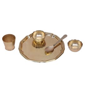 Juego de thali de latón antiguo para puja, accesorios religiosos, plato, diya, cuenco, cuchara, kalash, ofrenda, ritual hindú, decoración festiva para el hogar, elegante - Product Image 4