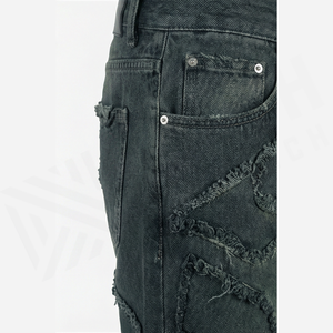 Jean en denim coupe droite délavé foncé pour homme, taille haute, coupe slim, déchiré, motif géométrique, style streetwear, en coton - Product Image 2