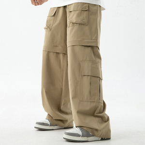 Pantalon de travail vintage pour homme, noir, coupe droite, élastique, avec cordon de serrage, plusieurs poches, respirant, léger, 100% coton, été - Product Image 3