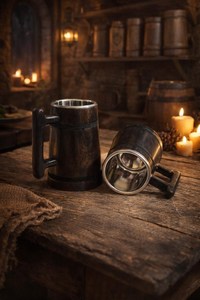 Mug en bois poli fait main style corne de Viking, mugs à bière rustiques en bois, chopes rustiques en bois de manguier avec intérieur en acier inoxydable - Product Image 4