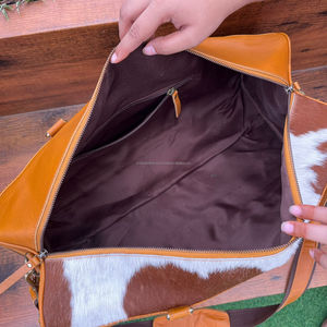 Nuevo patrón a cuadros moda uso al aire libre cuero de vaca con flecos bolsa de lona viaje durante la noche cuero genuino bolso Unisex - Product Image 6