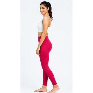Red Women's High Waist Yoga <b>Leggings</b> Elastic Breathable Cotton Spandex with Butt <b>Shaping</b> Design and Utility Pocket - Product Image 5
