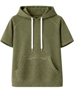 Sweat à capuche vert olive à manches courtes pour homme, pull décontracté, t-shirt à capuche léger, streetwear d'été, mélange de coton, poche kangourou - Product Image 1