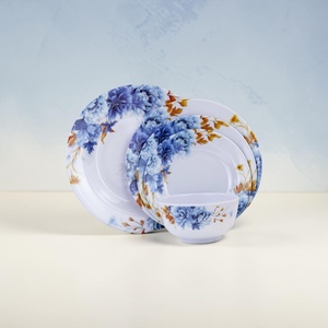 Traditional Asian Zen Modern Floral <b>Melamine</b> Dinnerware Set Blue Flower Pattern Flat <b>Plates</b> Rice Bowl Pigmented Design Microwave - Product Image 1