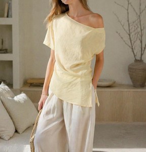 Blusa Blanca de Rayón Vintage con un Solo Hombro, Manga Corta, Asimétrica, Holgada, Minimalista, Transpirable, para Primavera, Verano e Invierno - Product Image 3
