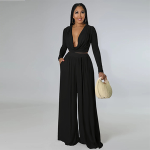 Nuevo Conjunto de Dos Piezas para Mujer, Cuello en V, Color Sólido, Sostenible, Transpirable, Traje de Otoño, Top Corto de Manga Larga, Pantalón de Pierna Ancha, Cintura Alta, Talla XL - Product Image 1