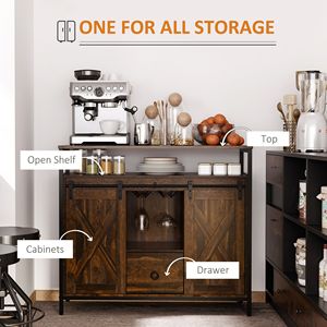 Buffet d'appoint industriel en chêne avec portes coulissantes de style grange, tiroirs réglables et supports à verres pour bar à café - Product Image 4