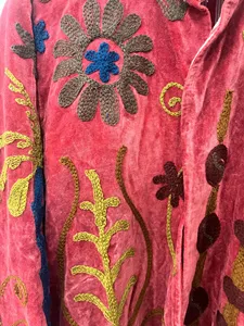 Premium Red <b>Velvet</b> Embroidered Suzani Jacket Floral Pattern Full Sleeve Stand Collar Handmade Bohemian Style Winter <b>Coat</b> - Product Image 6