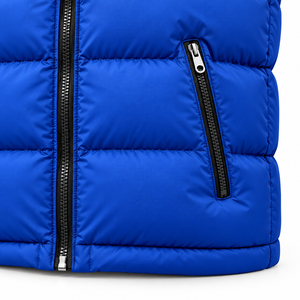 Gilet matelassé à capuche bleu pour homme, coupe régulière, sans manches, fermeture éclair, extérieur en polyester, marque SOMBRERO SPORTS - Product Image 4