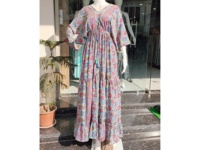 Talla Única, Vestido Largo de Seda para Verano y Otoño, Cuello en V, Manga Larga, Estampado Floral, Paisley, Puntos, Lavable, Ecológico