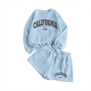 Ensemble 2 pièces en polaire pour femme, bleu clair, imprimé Californie, décontracté, coupe ample, col rond, manches longues, short thermique doublé jusqu'aux genoux - Product Image 1