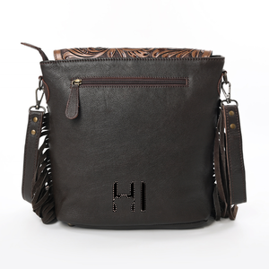 Sac bandoulière en cuir de vachette tanné végétal Hairon avec fermeture éclair, gravures à la main motif tournesol, pompons en daim de vache - Product Image 3