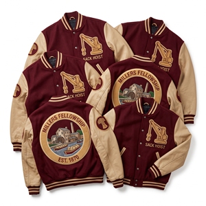 Veste universitaire personnalisée OEM en laine avec manches en cuir, broderie Millers Fellowship Watermill, patch Sack Hoist, marron - Product Image 1