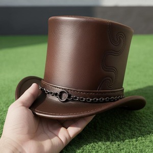 Handmade Brown Leather Top <b>Hat</b> Embossed Chain Band Steampunk Cosplay - Product Image 3