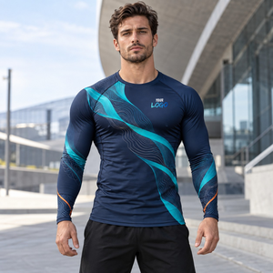 Custom Mens Navy Cyan Graphic <b>Long</b> <b>Sleeve</b> <b>Compression</b> <b>Shirt</b> Crewneck Slim Gym Training Rash Guard Athletic Sportswear Base Layer - Product Image 1