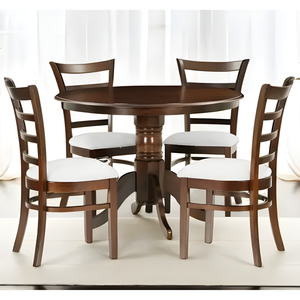 Classic Solid Wood Round 4 Seater <b>Dining</b> Table Set with Pedestal Base Dark Walnut Finish Ladder-Back Upholstered <b>Chairs</b> - Product Image 1