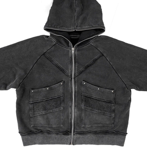Sudadera con capucha y cremallera completa para hombre, estilo vintage, 100% algodón, con estampado, ligera, oversize, con efecto desgastado y lavado ácido, estilo streetwear. - Product Image 3