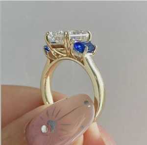 3CT Radiant Cut Moissanite Three Stone Ring Side Blue Trapezoid original 925 Silver Fine Anniversary Promise <b>Gift</b> Jewelry <b>Her</b> - Product Image 4