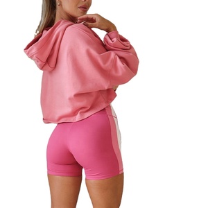2025 Women's <b>Pink</b> Cotton Terry Hoodie Breathable <b>Crop</b> <b>Top</b> with Printed Front Logo Gym Active Casual Hooded Collar Winter Wear - Product Image 1