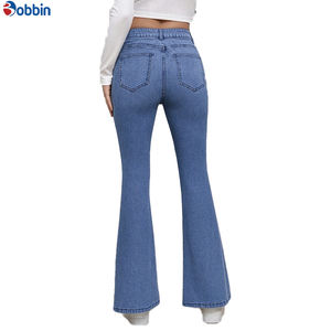 Pantalones vaqueros de mezclilla transpirables de estilo casual para mujer, talla grande, elásticos, acampanados, de cintura alta, con botones, de pierna ancha, lavados. - Product Image 3