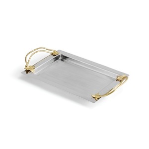 Plateau de service rectangulaire moderne en acier inoxydable argenté de luxe avec poignées décoratives en feuille d'or pour la décoration intérieure - Product Image 3