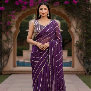 Sari violet élégant brodé avec un chemisier de créateur – Tenue de soirée de luxe, sari de mariage et de fête pour femmes - Product Image 1