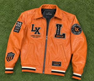 Custom Orange Leather Varsity Jacket for Men Premium Letterman Bomber Jacket with Embroidered Chenille Patches OEM ODM Supplier - Product Image 6
