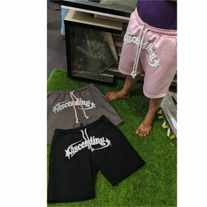 Shorts personnalisés pour hommes avec strass et impression en relief, style vintage délavé, en tissu épais, délavé à l'acide, streetwear, brodés, décontractés, vente en gros - Product Image 4