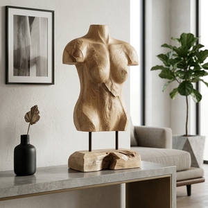 Manekin Woman Stand Handcrafted <b>Wooden</b> Torso Sculpture <b>Rustic</b> Tabletop Decorative Artwork Metal Stand Home Decor Display Accent - Product Image 2