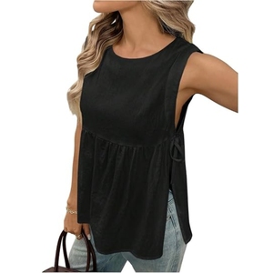 Débardeur noir sans manches pour femme, col rond, avec volants et détail de nouage latéral, haut long décontracté en tricot - Product Image 1