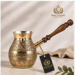 Classic Gold Tone Engraved Brass <b>Turkish</b> Coffee <b>Pot</b> Cezve Ibrik with Wooden Handle Stovetop Coffee Maker - Product Image 1