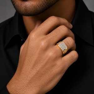 <b>Mens</b> 18KT yellow Gold Square Micro Pave Cubic Zirconia Signet <b>Ring</b> Two Tone Woven Band Statement Wedding Party Gift Jewelry - Product Image 5