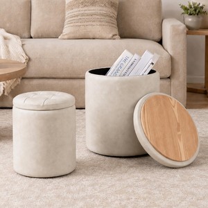 Pouf de rangement en bois de manguier et similicuir, vente en gros Moradabad - Product Image 3
