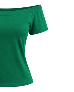 T-shirt vert émeraude pour femme, épaules dénudées, manches courtes, coupe ajustée, décontracté, haut d'été, tee-shirt tendance pour femme, fabricant OEM personnalisé - Product Image 2
