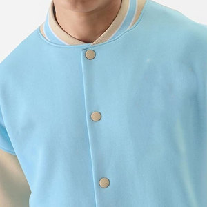 <b>Men's</b> Light Blue Varsity <b>Jacket</b> With Beige Panels Button Front Casual Autumn Wear - Product Image 4
