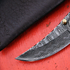 Couteau de chasse en acier Damas, lame à pointe tombante, manche en cuir, bouton de pouce, pour usage extérieur et camping - Product Image 4