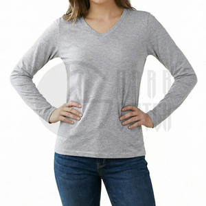 Camiseta de Manga Larga con Cuello en V para Mujer, Etiqueta Privada Personalizada, Tops para Dama al por Mayor, Camiseta Ajustada con Cuello en V - Product Image 6