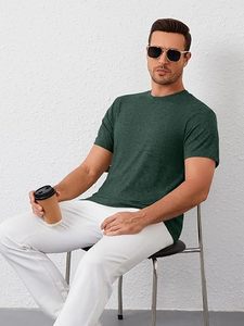 Men's Dark Green Cotton Crew Neck Short Sleeve Casual T-<b>Shirt</b> Breathable Plain Dyed Summer Wear - Product Image 1