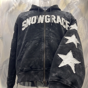 Sudadera con Capucha y Cremallera Snowgrace para Hombre, Estilo Urbano, Felpa, Corte Holgado, Diseño con Estampado de Estrellas Negras para Invierno - Product Image 5