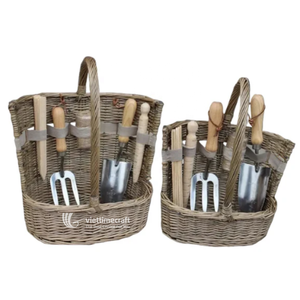 Panier de rangement rectangulaire en rotin tressé fait main, style antique, avec poignées élastiques, pour outils de jardin et usage extérieur - Product Image 1