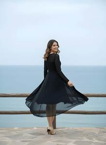 Woman Black Georgette Fancy <b>Dress</b> Round Neck <b>Long</b> Sleeve Regular Length Fully Stitched Solid Color Stylish <b>Party</b> Wear Outfit - Product Image 5