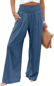 Women High Waist Wide Leg Pants Solid Color Pleated Loose Fit Elastic Waist Casual Summer Full Length Crepe Trousers - Product Image 2