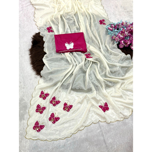 Sari en organza blanc cassé de luxe avec broderie appliquée en forme de papillon |   Sari de soirée à bordure festonnée de créateur avec accessoires assortis - Product Image 1
