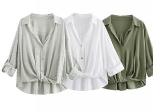 Camisa de Lino para Mujer, Cuello Camisero, Color Sólido, Estilo Casual para Uso Diario, Corte Regular - Product Image 5