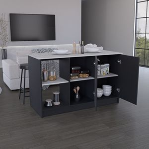 Black/Onyx Kitchen Island with Large Countertop Double Door Cabinet <b>Open</b> <b>Storage</b> Shelves - Product Image 5