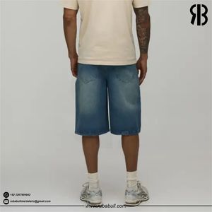 Shorts Bermuda en jean bleu délavé pour homme, taille mi-haute, fermeture boutonnée, style décontracté, 100 % coton tissé, unisexe, vente chaude - Product Image 2